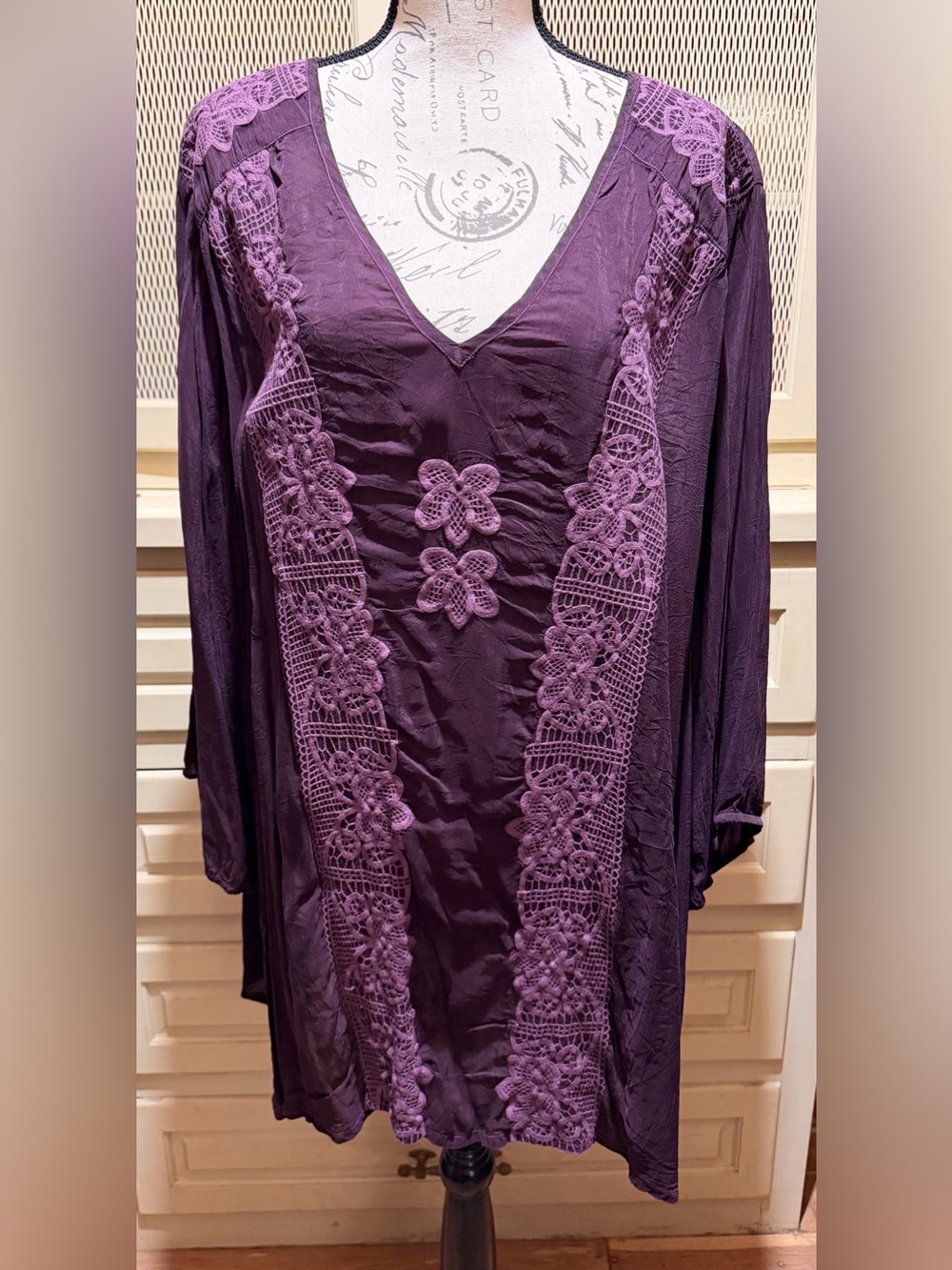 NWT Johnny Was Purple Cupra Rayon Lace Trim Tunic Blouse